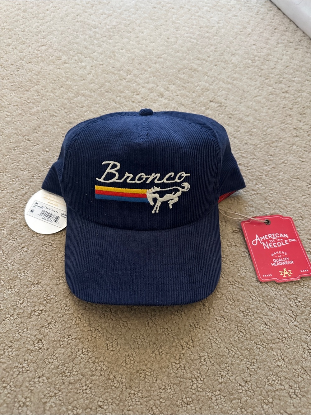 American Needle Navy Corduroy Bronco Cap with Retro Stripe